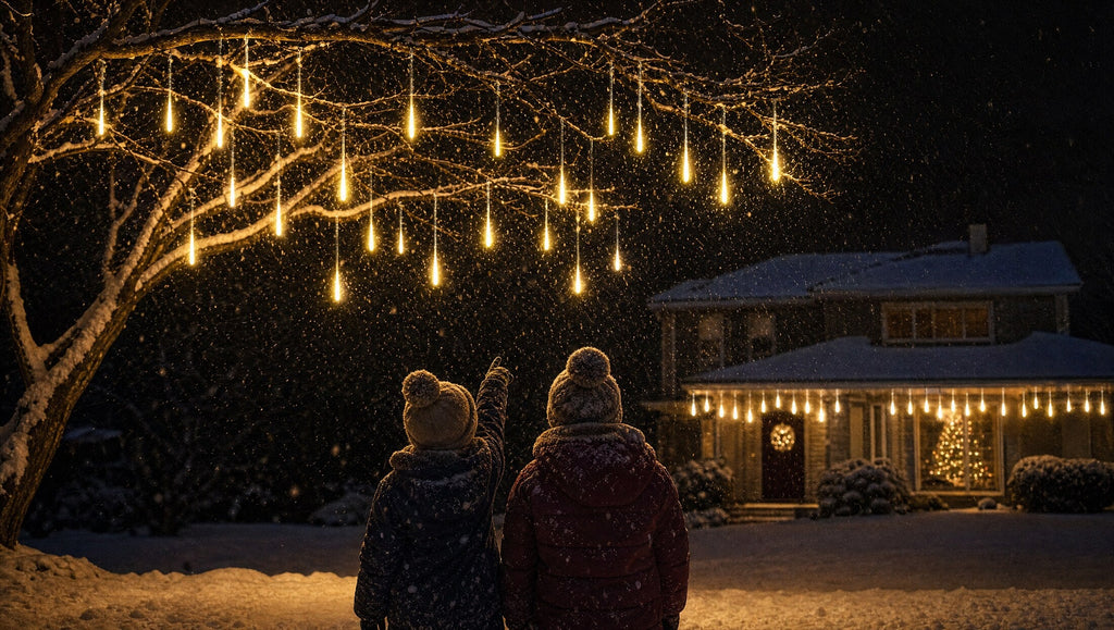 Two children in snowsuits looking up at a tree lit with meteor lights